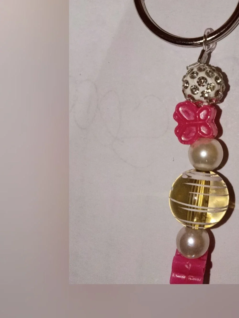 Handmade Pink Flower Beaded Keychain with Pearls and Gold Accent
